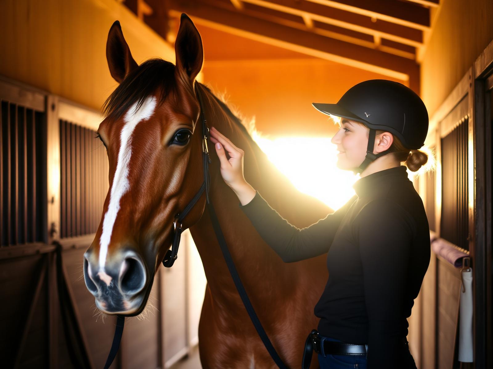 A student gently brushing a chestnut horse in a warm stable